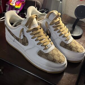 Nike Air Force One gum, bottom, custom Gucci. Men’s size 9. No box anymore.